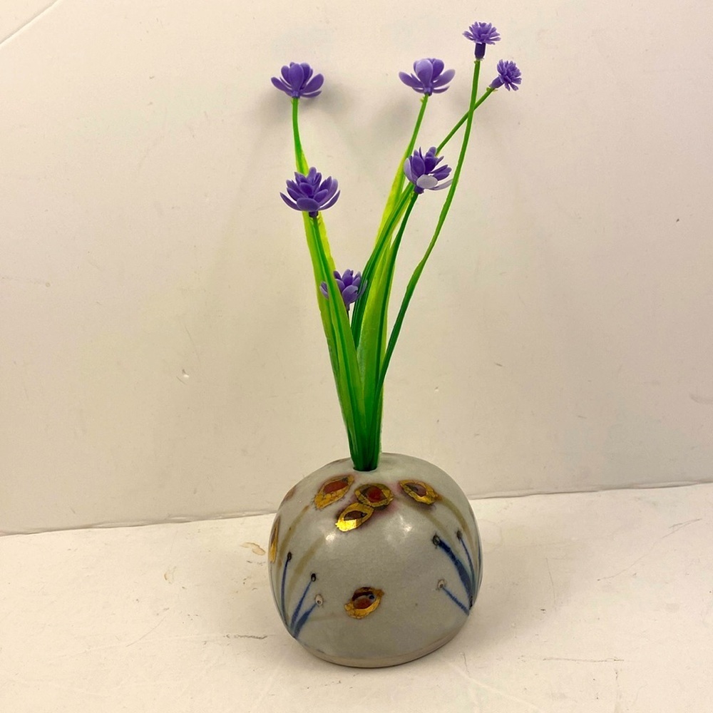 Ceramic bud vase round floral gold accents signed art piece grey blue red